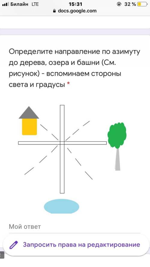 Определите направление по азимуту до дерева, озера и башни (См. рисунок) - вспоминаем стороны света