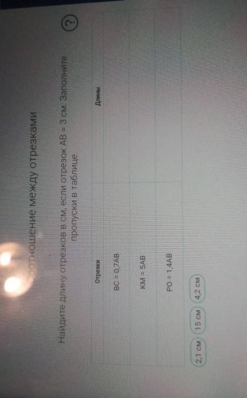 Найди длину отрезков в см, если отрезок AB = 3 см. Заполните пропуски в таблице.отрезки:BC = 0,7ABKM