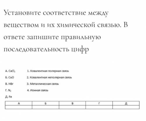 Установите соответствие между веществом и их химической связью. В ответе запишите правильную послед