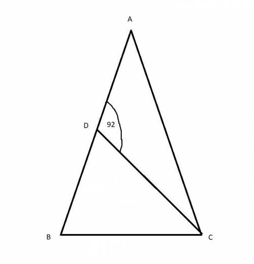 В равнобедренный треугольнике ABC с основанием BC проведена биссектриса CD. Угол ADC=92 градуса. Вы