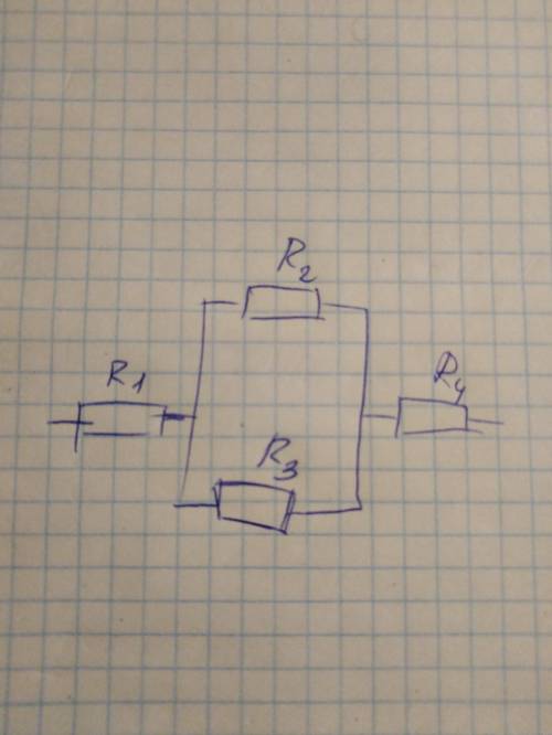 Найдите силу тока и напряжение на каждом проводнике, если R1=4 Ом, R2=12 Ом, R3=5 Ом, R4=15 Ом, I