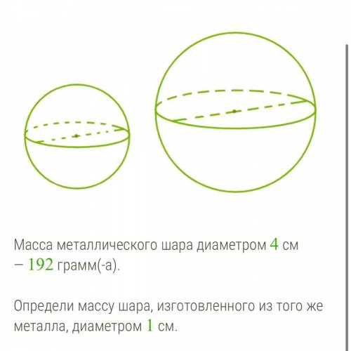 Масса металлического шара диаметром 4 см — 192 грам­м(-а). Определи массу шара, из­го­тов­лен­но­