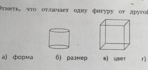 4. Отметь, чтоотличает одну фигуру от другой.а) формаб) размерв) цветг) объём​