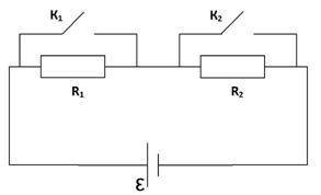 Источник тока, два резистора R1 и R2 и два ключа K1 и К 2 включены в цепь, как показано на рисунке.