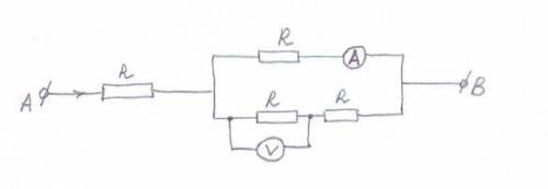 На рисунке представлен участок цепи AB. По нему течет ток силой 9 А. Определить показание амперметр