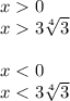 x 0 \\ x 3 \sqrt[4]{3} \\ \\ x < 0 \\ x < 3 \sqrt[4]{3}