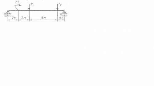 Определить реакции опор, построить эпюры изгибающих моментов, если F1=10кН, F2=8кН, M=12кН