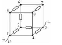 В шесть рёбер куба впаяны одинаковые резисторы с сопротивлениями R, как показано на рисунке. Сопроти