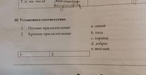 10. Установите соответствие. а. Синий1. Полные прилагательные2. Краткие прилагательныеb. ТихаC. хоро