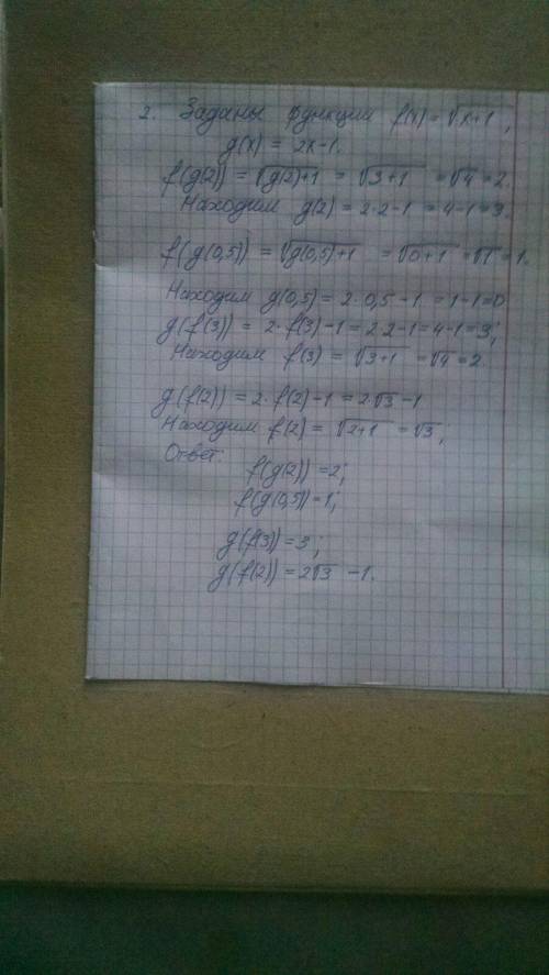 1. Заданы функции f (x) = 2 – x^2, g(x) = x+1 Найдитеf(g(1)f(g(-1)g(f (0)g(f (корень из 5)2. Заданы