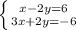 \left \{ {{x-2y=6} \atop {3x+2y=-6}} \right.