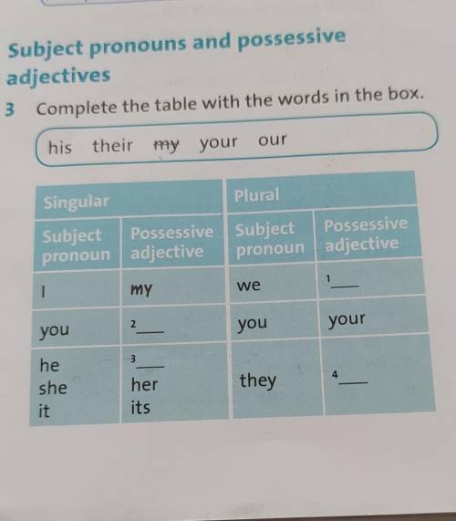 3 Complete the table with the words in the box. his their my your ourSingularPluralSubject Possessiv