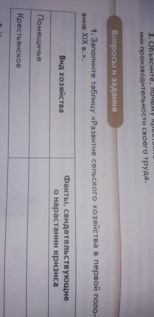 Вопросы и задания 1. Заполните таблицу «Развитие сельского хозяйства в первой поло-вине XIX в.».1 ст