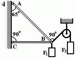 Определить реакции стержней, удерживающих грузы F1=0,2 кН и F2=0,5 кН . Массой стержня пренебречь.