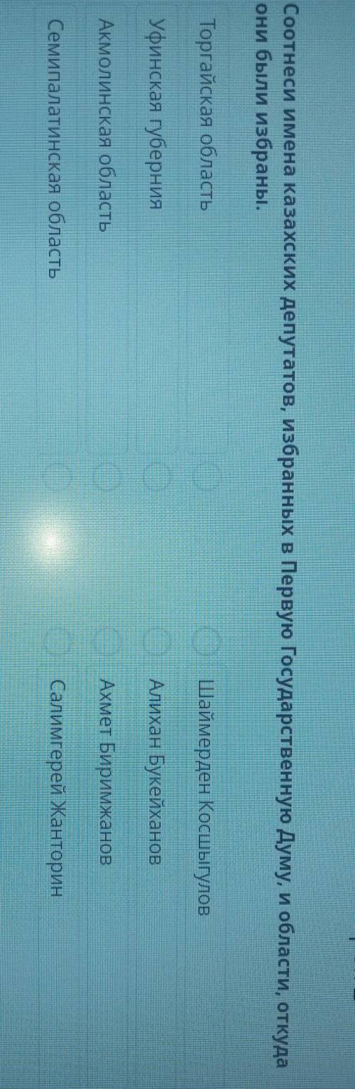 Соотнеси имена казахских депутатов избранных в первую Государственную Думу и области откуда они были