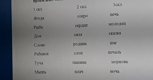 Вспомните склонение имен существительных и распределите правильно слова ПО СКЛОНЕНИЯМ 1СКЛ 2 СКЛ 3 С