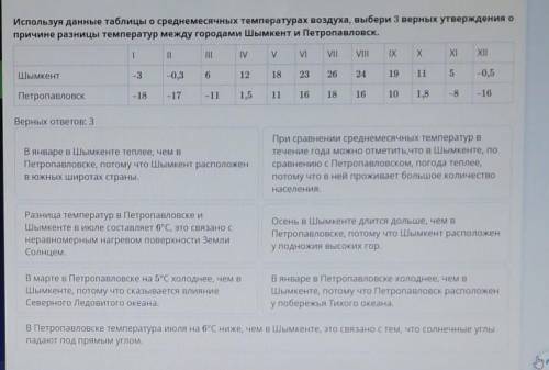 Используя данные таблицы о среднемесячных температурах воздуха, выбери 3 верных утверждения о причин