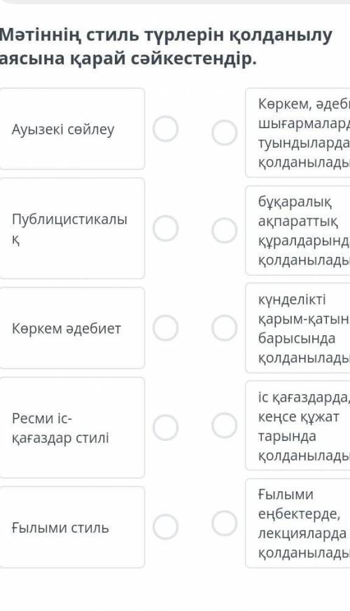 Мәтіннің стиль түрлерін қолданылу аясына қарай сәйкестендір​