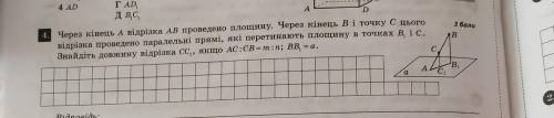 Через кінець В і точку С цього відрізку проведено паралельні прямі які перетинають площину в точках