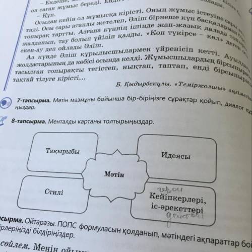 Заполните 8 тапсырма По рассказу «теміржолшы» Б.Қадырбекұлы Нужно написать идею, стиль, героев текст