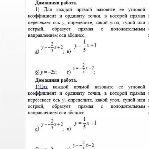 Для каждой прямой назовите её угловой коэффициент и ординату точки, в которой прямая пересекает ось