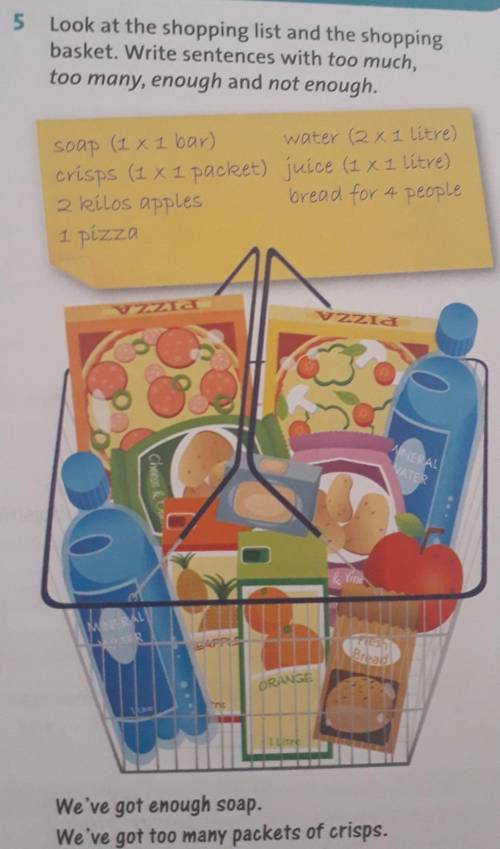 5 Look at the shopping list and the shopping basket. Write sentences with too much,too many, enough