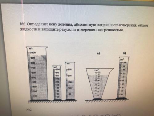 Определите цену деления, абсолютную погрешность измерения, объем жидкости и запишите результат измер