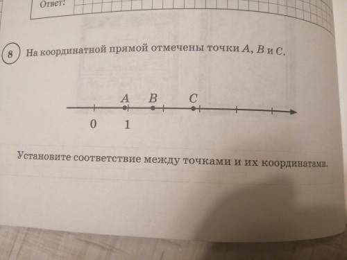 На координатной прямой отмечены точки A, B и С Установите соотвецтвия между точками