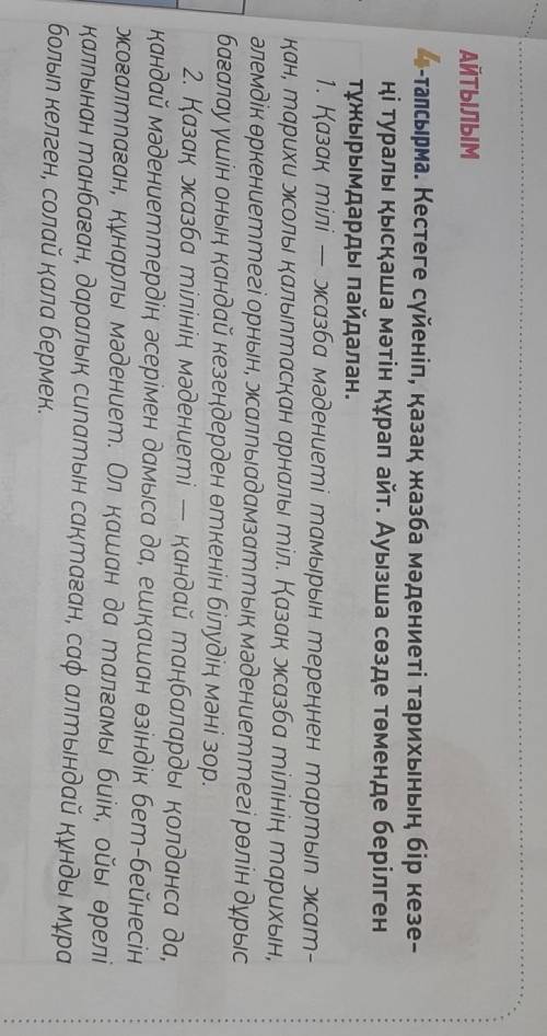 4-тапсырма. Кестеге сүйеніп, қазақ жазба мәдениеті тарихының бір кезе- ңі туралы қысқаша мәтін құрап