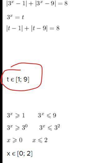 Решите уравнение(на фото) |3^(х)-1|+|3^(х)+9|=8 Меня интересует как в решении получается t є [1; 9]?