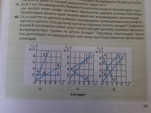 4 жаттыгу 6 есеп : үш дененің қозғалыс жылдамдығы проекцияларының графиктері кескінділген....Үдеулер