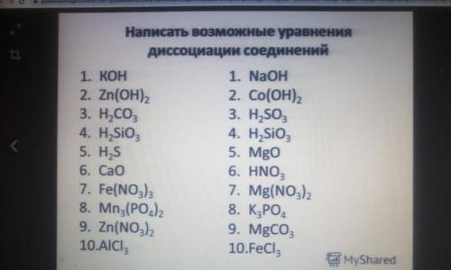 Написать возможные уравнение диссоциации соединений