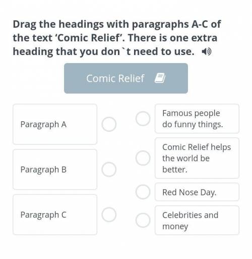 Drag the headings with paragraphs A-C of the text ‘Comic Relief’. There is one extra heading that yo