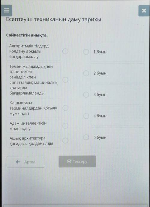 Есептеуіш техниканың даму тарихы Сәйкестігін анықта.Алгоритмдік тілдердіҚолдану арқылыбағдарламалау1