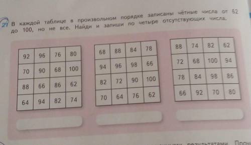 В каждой таблице в произвольном порядке записаны чётные числа от 62 до 100, но не все найси и запиши