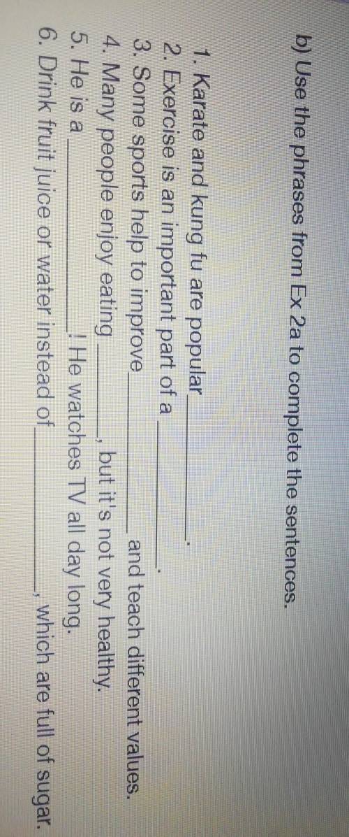 B) Use the phrases from Ex 2a to complete the sentences. 1. Karate and kung fu are popular2. Exercis