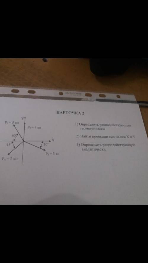1)Определить равнодействующую геометрически 2)найти проекции сил на оси Х и У 3) определить равнодей