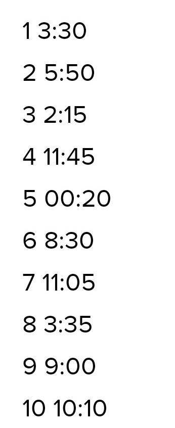 A B.a) quarter past eleven11.15b) twenty to threec) half past fourd) quarter to eighte) five to sixf