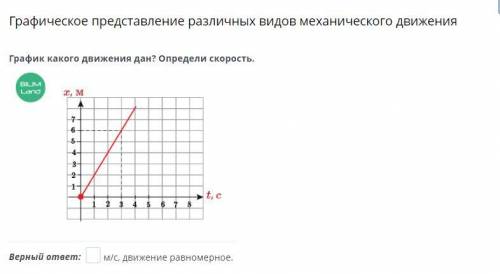 График какого движения дан? Определи скорость. Верный ответ: ... м/с, движение равномерное.