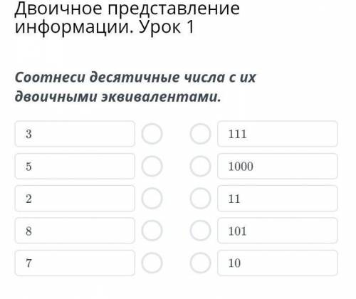 Соотнеси десятичные числа с их двоичными эквивалентами.​