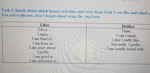 Task 3. Speak about which leisure activitiesand cores from Task 2 you like and whichUse active phras