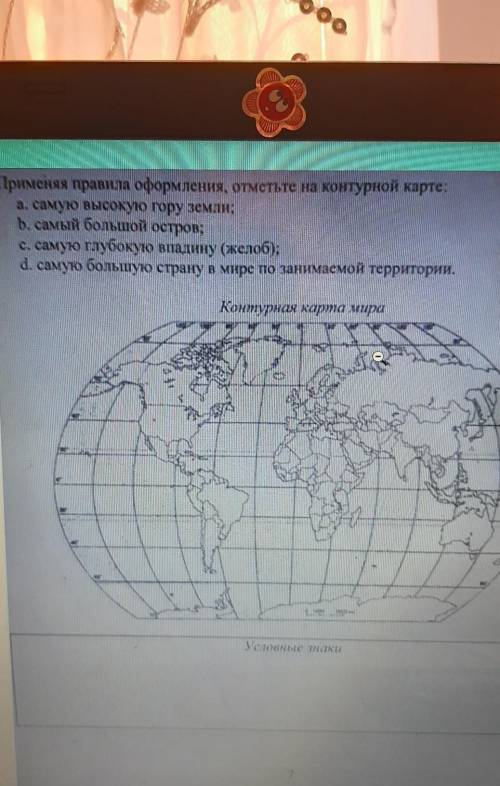 Применяя правила оформления, отметьте на контурной карте: а.самую высокую гору земли;б.самый большой