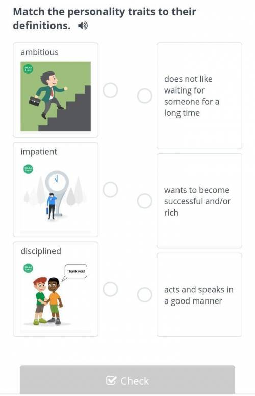 Match the personality traits to their definitions.​