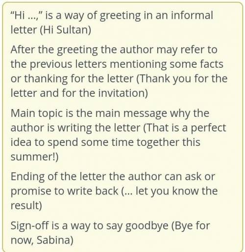 Sabina has written back to Sultan. Put the parts of her letter in the right order.letter​