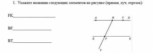 1. Укажите названия следующих элементов на рисунке (прямая, луч, отрезок): FKBFBT​