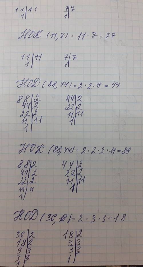 НОД(11; 7) НОК(11; 7) НОД(88; 44) НОК(88; 44)НОД(36; 18) НОК(36; 18)НОД(28; 35) НОК(8; 12)НОД(27; 36