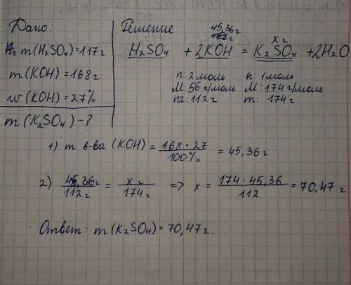 Рассчитайте массу сульфата калия, образующегося при взаимодействии 117 г. 33% серной кислоты с 168 г