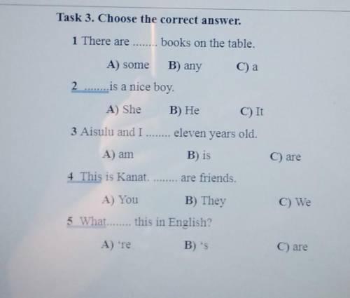 Task 3. Choose the correct answer 1 There are ... books on the table,A) some B3) any2is a nice boyA)