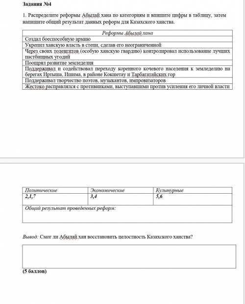 Задания №4 1. Распределите реформы Абылай хана по категориям и впишите цифры в таблицу, затем напиши