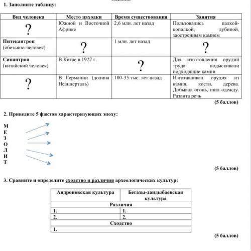 ЭТО СОР ПО ИСТОРИИ КЗ ПЛЗ Вид человека Место находки Время существования Занятия ? Южной и Восточной